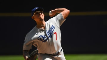 MILWAUKEE, WISCONSIN - MAY 02: Julio Urias #7 of the Los Angeles Dodgers pitches in the first inning against the Milwaukee Brewers at American Family Field on May 02, 2021 in Milwaukee, Wisconsin. (Photo by Quinn Harris/Getty Images)