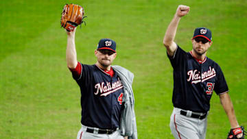 HOUSTON, TEXAS - OCTOBER 29: Daniel Hudson #44 and Max Scherzer #31 of the Washington Nationals celebrate their teams 7-2 win against the Houston Astros in Game Six of the 2019 World Series at Minute Maid Park on October 29, 2019 in Houston, Texas. (Photo by Bob Levey/Getty Images)
