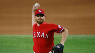 ARLINGTON, TX - JULY 9: Ian Kennedy #31 of the Texas Rangers pitches against the Oakland Athletics during the ninth inning at Globe Life Field on July 9, 2021 in Arlington, Texas. The Rangers won 3-2. (Photo by Ron Jenkins/Getty Images)