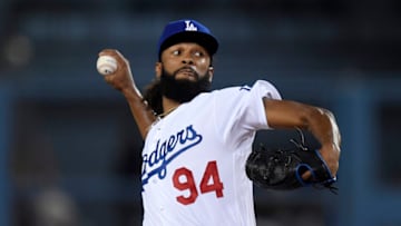 LOS ANGELES, CA - AUGUST 16: Andre Jackson #94 of the Los Angeles Dodgers throws a pitch against the Pittsburgh Pirates during the fourth inning at Dodger Stadium on August 16, 2021 in Los Angeles, California. Jackson made his MLB debut after coming in the second inning to pitch. (Photo by Kevork Djansezian/Getty Images)