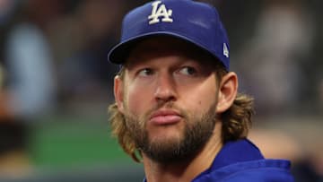 ATLANTA, GEORGIA - OCTOBER 16: Clayton Kershaw #22 of the Los Angeles Dodgers looks on prior to Game One of the National League Championship Series against the Atlanta Braves at Truist Park on October 16, 2021 in Atlanta, Georgia. (Photo by Kevin C. Cox/Getty Images)