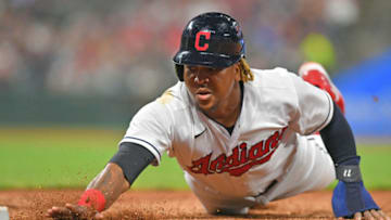 CLEVELAND, OHIO - SEPTEMBER 24: Jose Ramirez #11 of the Cleveland Indians dives back to first base during the fourth inning against the Chicago White Sox at Progressive Field on September 24, 2021 in Cleveland, Ohio. (Photo by Jason Miller/Getty Images)