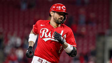 CINCINNATI, OHIO - SEPTEMBER 25: Nick Castellanos #2 of the Cincinnati Reds rounds the bases after hitting a walk-off home run in the ninth inning to beat the Washington Nationals 7-6 at Great American Ball Park on September 25, 2021 in Cincinnati, Ohio. (Photo by Dylan Buell/Getty Images)