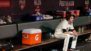 SAN FRANCISCO, CALIFORNIA - OCTOBER 14: Kevin Gausman #34 of the San Francisco Giants reacts after losing to the Los Angeles Dodgers 2-1 in game 5 of the National League Division Series at Oracle Park on October 14, 2021 in San Francisco, California. (Photo by Thearon W. Henderson/Getty Images)
