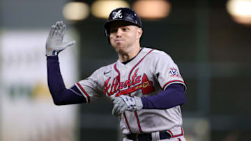 HOUSTON, TEXAS - NOVEMBER 02: Freddie Freeman #5 of the Atlanta Braves celebrates after hitting a solo home run against the Houston Astros during the seventh inning in Game Six of the World Series at Minute Maid Park on November 02, 2021 in Houston, Texas. (Photo by Carmen Mandato/Getty Images)