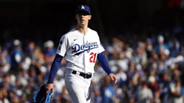 LOS ANGELES, CALIFORNIA - OCTOBER 19: Starting pitcher Walker Buehler #21 of the Los Angeles Dodgers walks back to the dugout after being relieved during the 4th inning of Game 3 of the National League Championship Series against the Atlanta Braves at Dodger Stadium on October 19, 2021 in Los Angeles, California. (Photo by Sean M. Haffey/Getty Images)