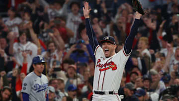 ATLANTA, GEORGIA - OCTOBER 23: Freddie Freeman #5 of the Atlanta Braves celebrates after defeating the Los Angeles Dodgers in Game Six of the National League Championship Series at Truist Park on October 23, 2021 in Atlanta, Georgia. The Braves defeated the Dodgers 4-2 to advance to the 2021 World Series. (Photo by Kevin C. Cox/Getty Images)
