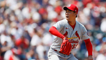 CLEVELAND, OH - JULY 28: Kwang Hyun Kim #33 of the St. Louis Cardinals pitches against the Cleveland Indians during the first inning at Progressive Field on July 28, 2021 in Cleveland, Ohio. (Photo by Ron Schwane/Getty Images)