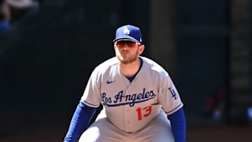 PHOENIX, ARIZONA - APRIL 27: Max Muncy #13 of the Los Angeles Dodgers gets ready to make a play against the Arizona Diamondbacks at Chase Field on April 27, 2022 in Phoenix, Arizona. (Photo by Norm Hall/Getty Images)
