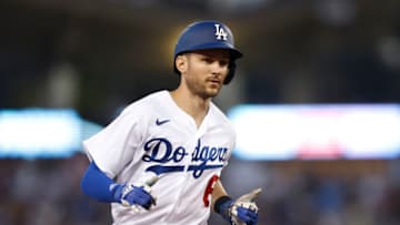 LOS ANGELES, CALIFORNIA - JUNE 15: Trea Turner #6 of the Los Angeles Dodgers celebrates as he rounds the bases after hitting a solo home run against the Los Angeles Angels during the third inning at Dodger Stadium on June 15, 2022 in Los Angeles, California. (Photo by Michael Owens/Getty Images)