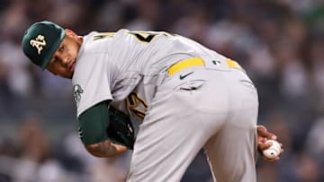 NEW YORK, NEW YORK - JUNE 28: Frankie Montas #47 of the Oakland Athletics looks at a baserunner at first base during the fifth inning of the game against the New York Yankees at Yankee Stadium on June 28, 2022 in New York City. (Photo by Dustin Satloff/Getty Images)