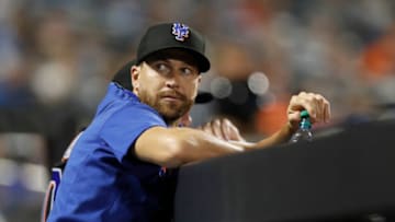 NEW YORK, NEW YORK - AUGUST 13: Jacob deGrom #48 of the New York Mets looks on against the Los Angeles Dodgers at Citi Field on August 13, 2021 in New York City. The Dodgers defeated the Mets 6-5 in ten innings. (Photo by Jim McIsaac/Getty Images)