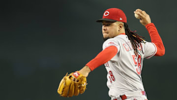 PHOENIX, ARIZONA - JUNE 15: Starting pitcher Luis Castillo #58 of the Cincinnati Reds throws a warm up pitch during the fourth inning of the MLB game against the Arizona Diamondbacks at Chase Field on June 15, 2022 in Phoenix, Arizona. The Diamondbacks defeated the Red 7-4. (Photo by Christian Petersen/Getty Images)