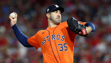 PHILADELPHIA, PENNSYLVANIA - NOVEMBER 03: Justin Verlander #35 of the Houston Astros delivers a pitch against the Philadelphia Phillies during the second inning in Game Five of the 2022 World Series at Citizens Bank Park on November 03, 2022 in Philadelphia, Pennsylvania. (Photo by Elsa/Getty Images)