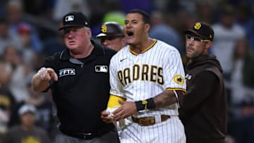 Aug 20, 2021; San Diego, California, USA; San Diego Padres third baseman Manny Machado (second from right) reacts after being ejected during the eighth inning against the Philadelphia Phillies at Petco Park. Mandatory Credit: Orlando Ramirez-USA TODAY Sports