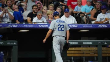 Jul 30, 2022; Denver, Colorado, USA; Los Angeles Dodgers starting pitcher Clayton Kershaw (22) leaves the field in the sixth inning against the Colorado Rockies at Coors Field. Mandatory Credit: Ron Chenoy-USA TODAY Sports