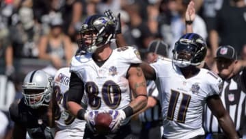 Sep 20, 2015; Oakland, CA, USA; Baltimore Ravens tight end Crockett Gillmore (80) celebrates with receiver Kamar Aiken (11) after scoring on a nine-yard touchdown reception in the second quarter against the Oakland Raiders at O.co Coliseum. Mandatory Credit: Kirby Lee-USA TODAY Sports