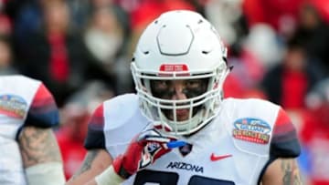 Dec 19, 2015; Albuquerque, NM, USA; Arizona Wildcats linebacker Scooby Wright III (33) reacts during the first half against the New Mexico Lobos in the 2015 New Mexico Bowl at University Stadium. Mandatory Credit: Matt Kartozian-USA TODAY Sports