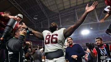 Jan 11, 2016; Glendale, AZ, USA; Alabama Crimson Tide defensive lineman A'Shawn Robinson (86) walks off the field after beating the Clemson Tigers in the 2016 CFP National Championship at University of Phoenix Stadium. Mandatory Credit: Joe Camporeale-USA TODAY Sports