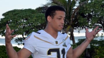 Jan 29, 2016; Kahuku, HI, USA; Team Rice cornerback Brent Grimes of the Miami Dolphins (21) poses during 2016 Pro Bowl photo day at Turtle Bay Resort. Mandatory Credit: Kirby Lee-USA TODAY Sports