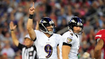 Aug 7, 2014; Baltimore, MD, USA; Baltimore Ravens kicker Justin Tucker (9) reacts after making a 42 yard field goal in the first quarter against the San Francisco 49ers at M&T Bank Stadium. Mandatory Credit: Evan Habeeb-USA TODAY Sports
