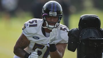 Jul 31, 2016; Owings Mills, MD, USA; Baltimore Ravens linebacker Kamalei Correa (51) hits the sled during the morning session of training camp at Under Armour Performance Center. Mandatory Credit: Tommy Gilligan-USA TODAY Sports
