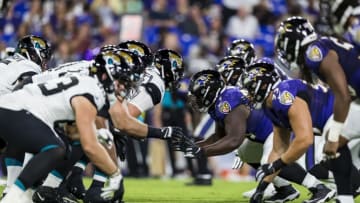 BALTIMORE, MD - AUGUST 08: A general view of the Jacksonville Jaguars offensive line and the Baltimore Ravens defensive line during the first half of a preseason game at M&T Bank Stadium on August 08, 2019 in Baltimore, Maryland. (Photo by Scott Taetsch/Getty Images)