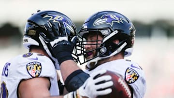 CINCINNATI, OHIO - NOVEMBER 10: Mark Andrews #89 of the Baltimore Ravens celebrates scoring a touchdown against the Cincinnati Bengals during the first quarter with James Hurst #74 at Paul Brown Stadium on November 10, 2019 in Cincinnati, Ohio. (Photo by Silas Walker/Getty Images)