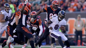 CINCINNATI, OHIO - NOVEMBER 10: Lamar Jackson #8 of the Baltimore Ravens runs for a touchdown during the NFL football game against the Cincinnati Bengals at Paul Brown Stadium on November 10, 2019 in Cincinnati, Ohio. (Photo by Bryan Woolston/Getty Images)