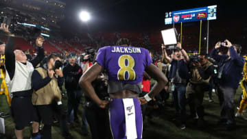 LOS ANGELES, CALIFORNIA - NOVEMBER 25: Lamar Jackson #8 of the Baltimore Ravens answers questions from the media after a game against the Los Angeles Rams during the second half of a game at Los Angeles Memorial Coliseum on November 25, 2019 in Los Angeles, California. The Baltimore Ravens defeated the Los Angeles Rams 45-6. (Photo by Sean M. Haffey/Getty Images)