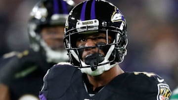 BALTIMORE, MARYLAND - DECEMBER 12: Cornerback Marcus Peters #24 of the Baltimore Ravens reacts to a play during the game against the New York Jets at M&T Bank Stadium on December 12, 2019 in Baltimore, Maryland. (Photo by Patrick Smith/Getty Images)
