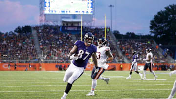 CANTON, OH - AUGUST 02: Maxx Williams #87 of the Baltimore Ravens runs into the end zone with a five-yard touchdown reception in the first quarter of the Hall of Fame Game against the Chicago Bears at Tom Benson Hall of Fame Stadium on August 2, 2018 in Canton, Ohio. (Photo by Joe Robbins/Getty Images)