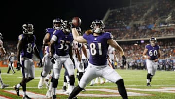 CANTON, OH - AUGUST 02: Hayden Hurst #81 of the Baltimore Ravens reacts after a touchdown reception against the Chicago Bears in the third quarter of the Hall of Fame Game at Tom Benson Hall of Fame Stadium on August 2, 2018 in Canton, Ohio. (Photo by Joe Robbins/Getty Images)