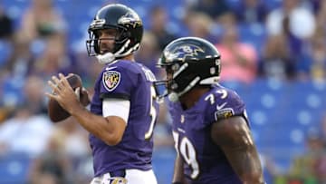 BALTIMORE, MD - AUGUST 09: Quarterback Joe Flacco #5 of the Baltimore Ravens looks to pass against the Los Angeles Rams in the first half during a preseason game at M&T Bank Stadium on August 9, 2018 in Baltimore, Maryland. (Photo by Patrick Smith/Getty Images)