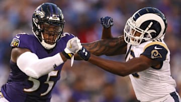 BALTIMORE, MD - AUGUST 09: Terrell Suggs #55 of the Baltimore Ravens gets around Pharoh Cooper #10 of the Los Angeles Rams in the first half during a preseason game at M&T Bank Stadium on August 9, 2018 in Baltimore, Maryland. (Photo by Patrick Smith/Getty Images)