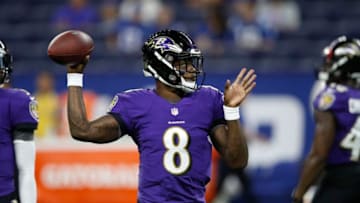 INDIANAPOLIS, IN - AUGUST 20: Lamar Jackson #8 of the Baltimore Ravens warms up before a preseason game against the Indianapolis Colts at Lucas Oil Stadium on August 20, 2018 in Indianapolis, Indiana. (Photo by Joe Robbins/Getty Images)