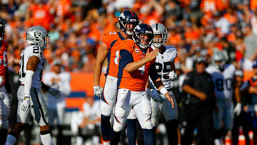 DENVER, CO - SEPTEMBER 16: Quarterback Case Keenum #4 of the Denver Broncos celebrates a first down after a scramble against the Oakland Raiders at Broncos Stadium at Mile High on September 16, 2018 in Denver, Colorado. (Photo by Justin Edmonds/Getty Images)