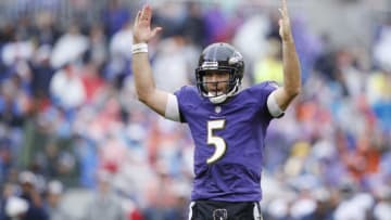 BALTIMORE, MD - SEPTEMBER 23: Joe Flacco #5 of the Baltimore Ravens celebrates after a touchdown run by Javorius Allen in the third quarter of the game against the Denver Broncos at M&T Bank Stadium on September 23, 2018 in Baltimore, Maryland. The Ravens won 27-14. (Photo by Joe Robbins/Getty Images)
