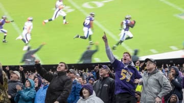BALTIMORE, MD - SEPTEMBER 23: Fans celebrate after Patrick Onwuasor #48 of the Baltimore Ravens intercepts a pass against the Denver Broncos during the second half at M&T Bank Stadium on September 23, 2018 in Baltimore, Maryland. (Photo by Scott Taetsch/Getty Images)