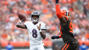 CLEVELAND, OH - OCTOBER 07: Lamar Jackson #8 of the Baltimore Ravens throws a pass in the first half against the Cleveland Browns at FirstEnergy Stadium on October 7, 2018 in Cleveland, Ohio. (Photo by Joe Robbins/Getty Images)