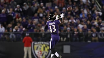 BALTIMORE, MD - OCTOBER 21: Wide Receiver John Brown #13 of the Baltimore Ravens catches a pass in the fourth quarter against the New Orleans Saints at M&T Bank Stadium on October 21, 2018 in Baltimore, Maryland. (Photo by Patrick Smith/Getty Images)