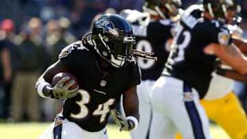 BALTIMORE, MD - NOVEMBER 04: Running Back Alex Collins #34 of the Baltimore Ravens runs with the ball in the first quarter against the Pittsburgh Steelers at M&T Bank Stadium on November 4, 2018 in Baltimore, Maryland. (Photo by Todd Olszewski/Getty Images)