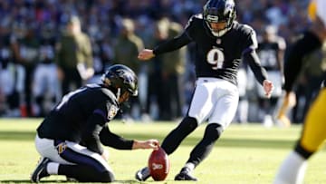 BALTIMORE, MD - NOVEMBER 04: Kicker Justin Tucker #9 of the Baltimore Ravens kicks a field goal in the first quarter against the Pittsburgh Steelers at M&T Bank Stadium on November 4, 2018 in Baltimore, Maryland. (Photo by Todd Olszewski/Getty Images)