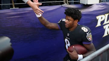 BALTIMORE, MD - NOVEMBER 18: Quarterback Lamar Jackson #8 of the Baltimore Ravens leaves the field after the 24-21 Ravens win over the Cincinnati Bengals at M&T Bank Stadium on November 18, 2018 in Baltimore, Maryland. (Photo by Rob Carr/Getty Images)