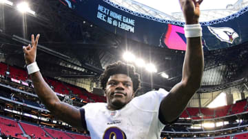 ATLANTA, GA - DECEMBER 2: Lamar Jackson #8 of the Baltimore Ravens celebrates after the game against the Atlanta Falcons at Mercedes-Benz Stadium on December 2, 2018 in Atlanta, Georgia. (Photo by Scott Cunningham/Getty Images)