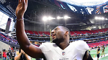 ATLANTA, GA - DECEMBER 2: Tyus Bowser #54 of the Baltimore Ravens celebrates after the game against the Atlanta Falcons at Mercedes-Benz Stadium on December 2, 2018 in Atlanta, Georgia. (Photo by Scott Cunningham/Getty Images)