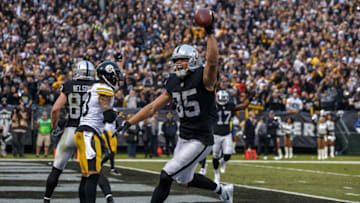 OAKLAND, CA - DECEMBER 09: Tight end Derek Carrier #85 of the Oakland Raiders celebrates after scoring a touchdown against the Pittsburgh Steelers during the fourth quarter at O.co Coliseum on December 9, 2018 in Oakland, California. The Oakland Raiders defeated the Pittsburgh Steelers 24-21. (Photo by Jason O. Watson/Getty Images)