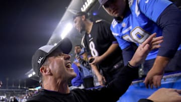 CARSON, CALIFORNIA - DECEMBER 22: Head coach John Harbaugh of the Baltimore Ravens celebrates a 22-10 Ravens win over the Los Angeles Chargers at StubHub Center on December 22, 2018 in Carson, California. (Photo by Harry How/Getty Images)