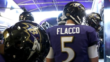 BALTIMORE, MARYLAND - JANUARY 06: Joe Flacco #5 of the Baltimore Ravens prepares to take the field prior the AFC Wild Card Playoff game against the Los Angeles Chargers at M&T Bank Stadium on January 06, 2019 in Baltimore, Maryland. (Photo by Patrick Smith/Getty Images)