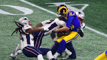 ATLANTA, GEORGIA - FEBRUARY 03: Kyle Van Noy #53 of the New England Patriots tackles Jared Goff #16 of the Los Angeles Rams in the second half during Super Bowl LIII at Mercedes-Benz Stadium on February 03, 2019 in Atlanta, Georgia. (Photo by Scott Cunningham/Getty Images)